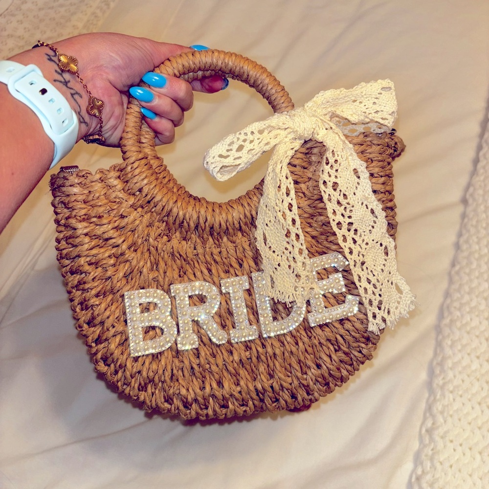 “Bride” Straw Bag with Lace Bow